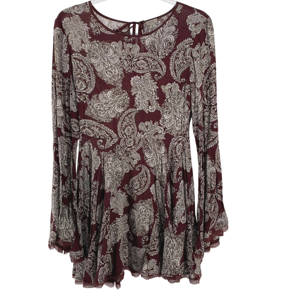 Boho Paisley Bell Sleeve Long Flowy Top Maroon White Festival Peasant S Size 2